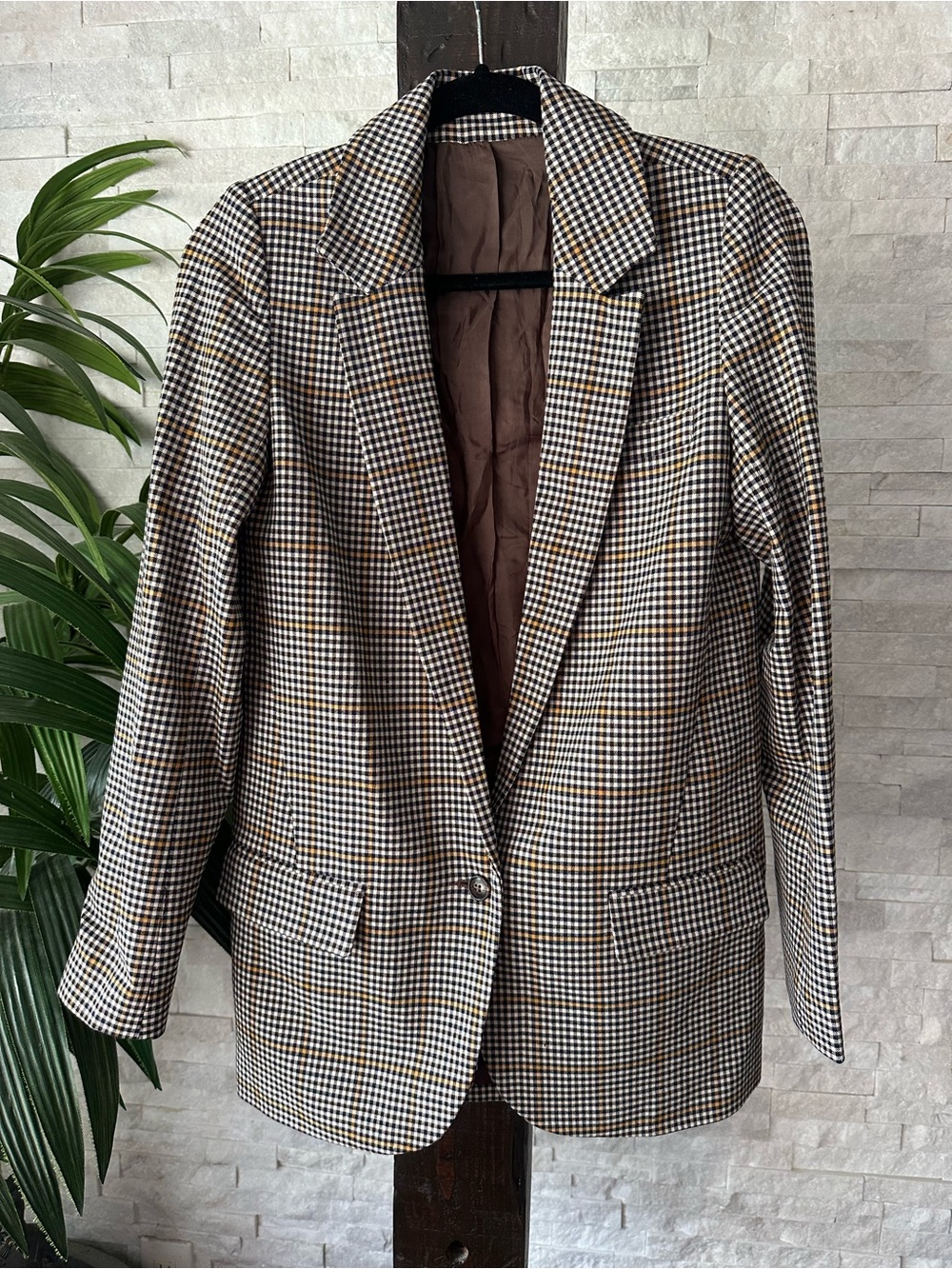 Charlotte Eskildsen Babette Blazer Houndstooth Plaid Brown Cream Orange Size 36